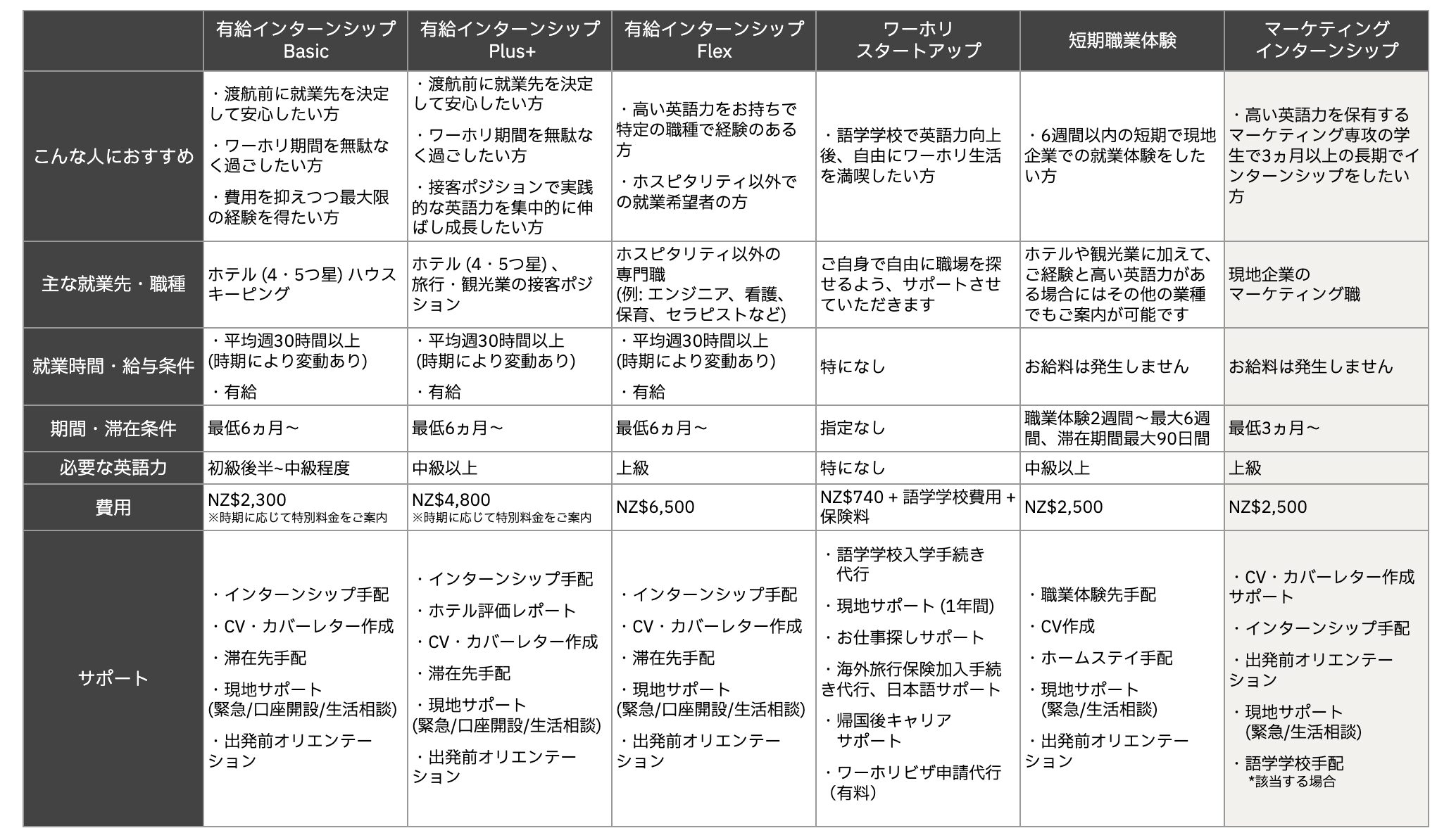 マーケティングインターンシップ表